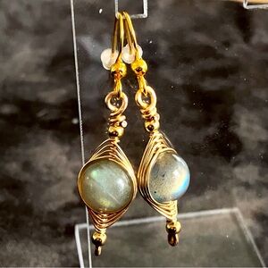 Natural Labradorite Wire Wrapped Earrings - Gold Stainless Steel